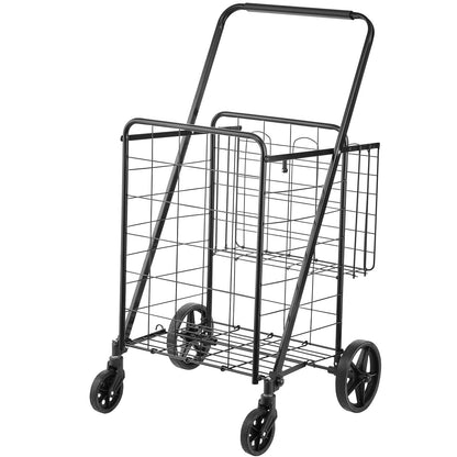 VEVOR Shopping Cart, 110 lbs Large Load Capacity, Folding Grocery Shopping Cart with 360° Swivel Wheels, Double Baskets, Locking Latch, Heavy Duty, Easy Installation, for Laundry, Luggage Camping