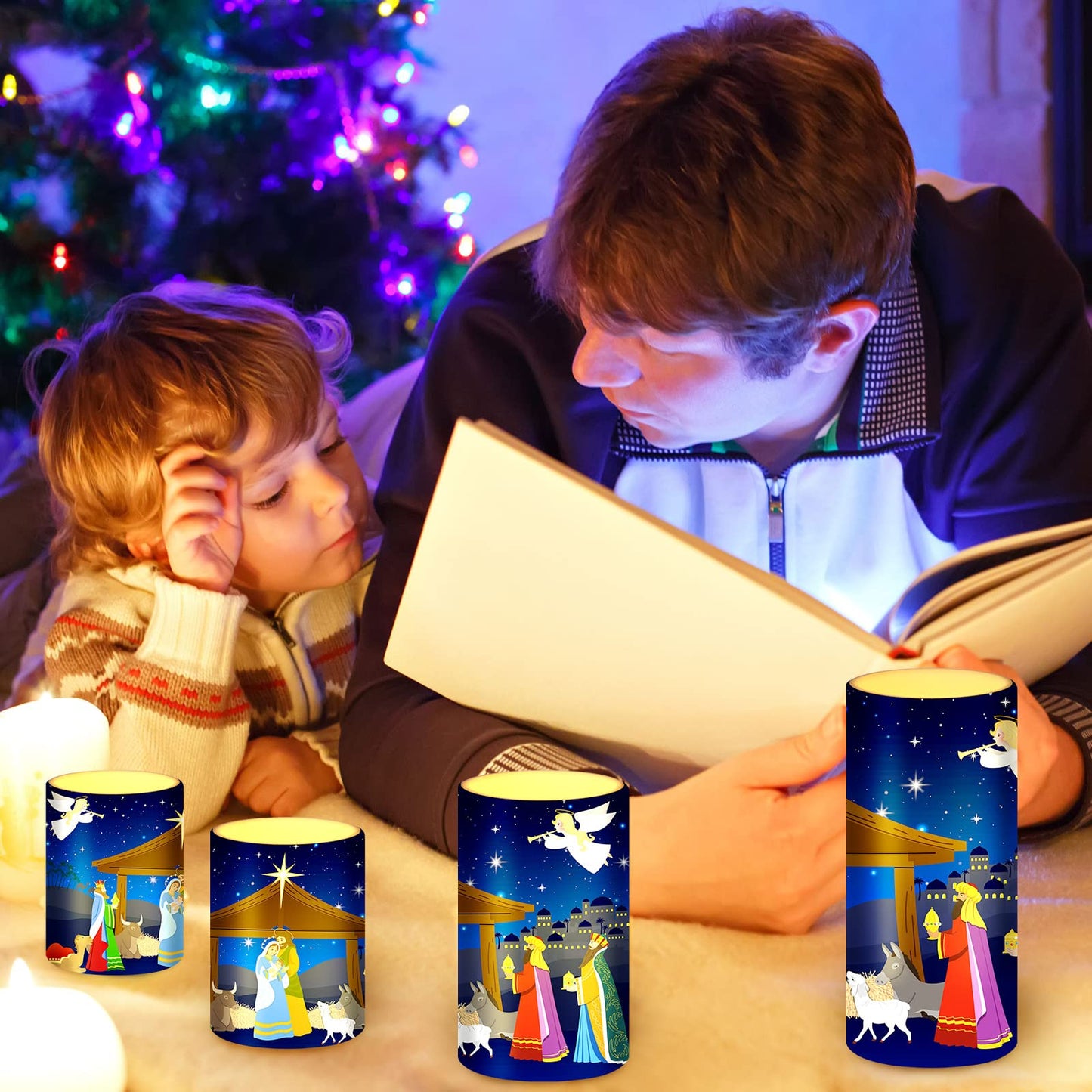 Tiamon Christmas Nativity Scene Candles LED Religious Theme Flameless Candles Battery Operated LED Warm Light Flickering Pillar for Xmas Holiday Table Decorations(Vivid)