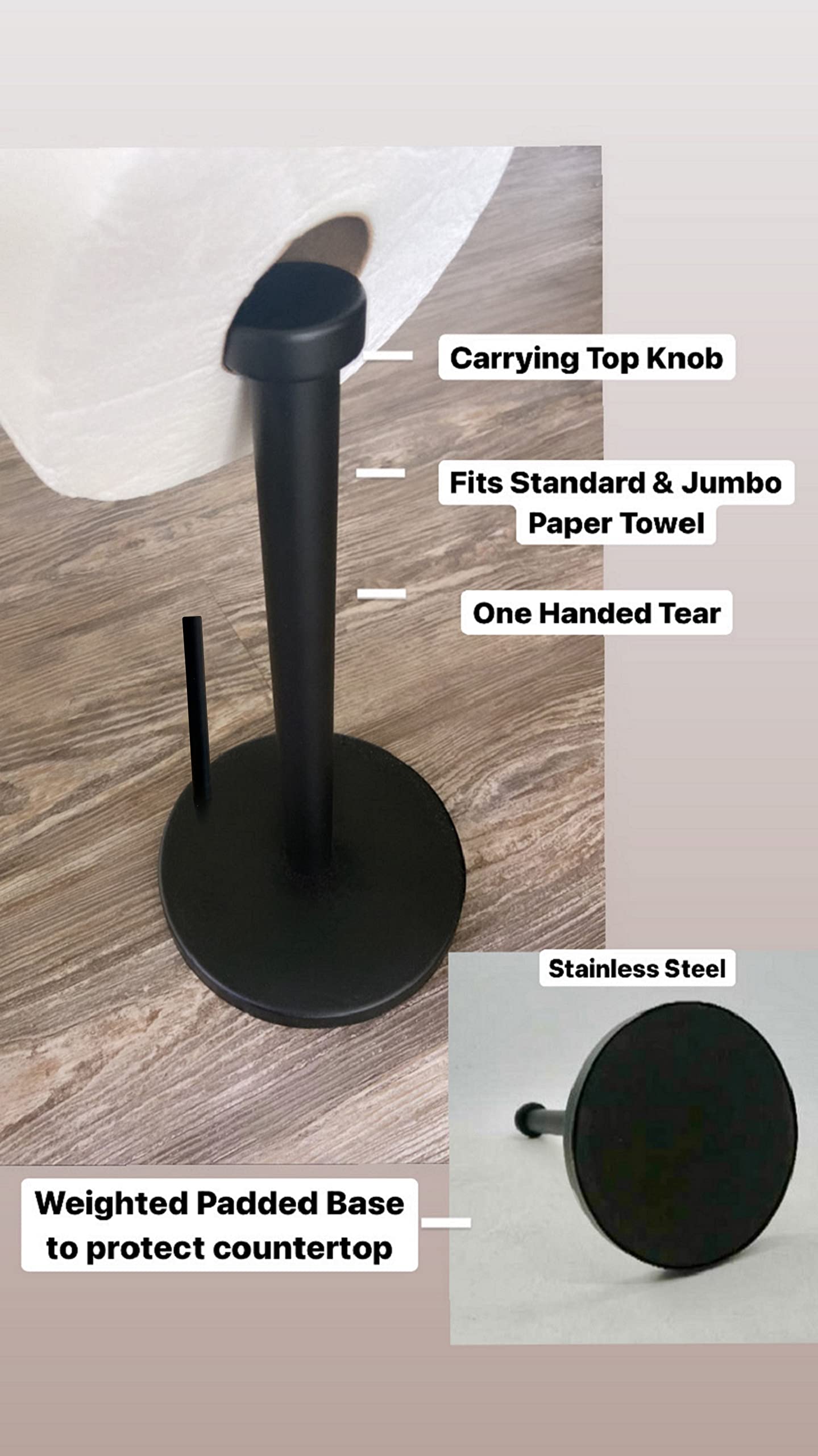 Steelware Central Black Paper Towel Holder Countertop Stainless Steel Paper Towel Stand with Weighted Non-Slip Base One-Handed Tear, Rust-Resistant Kitchen Roll Holder, Standard, Jumbo & Large Rolls