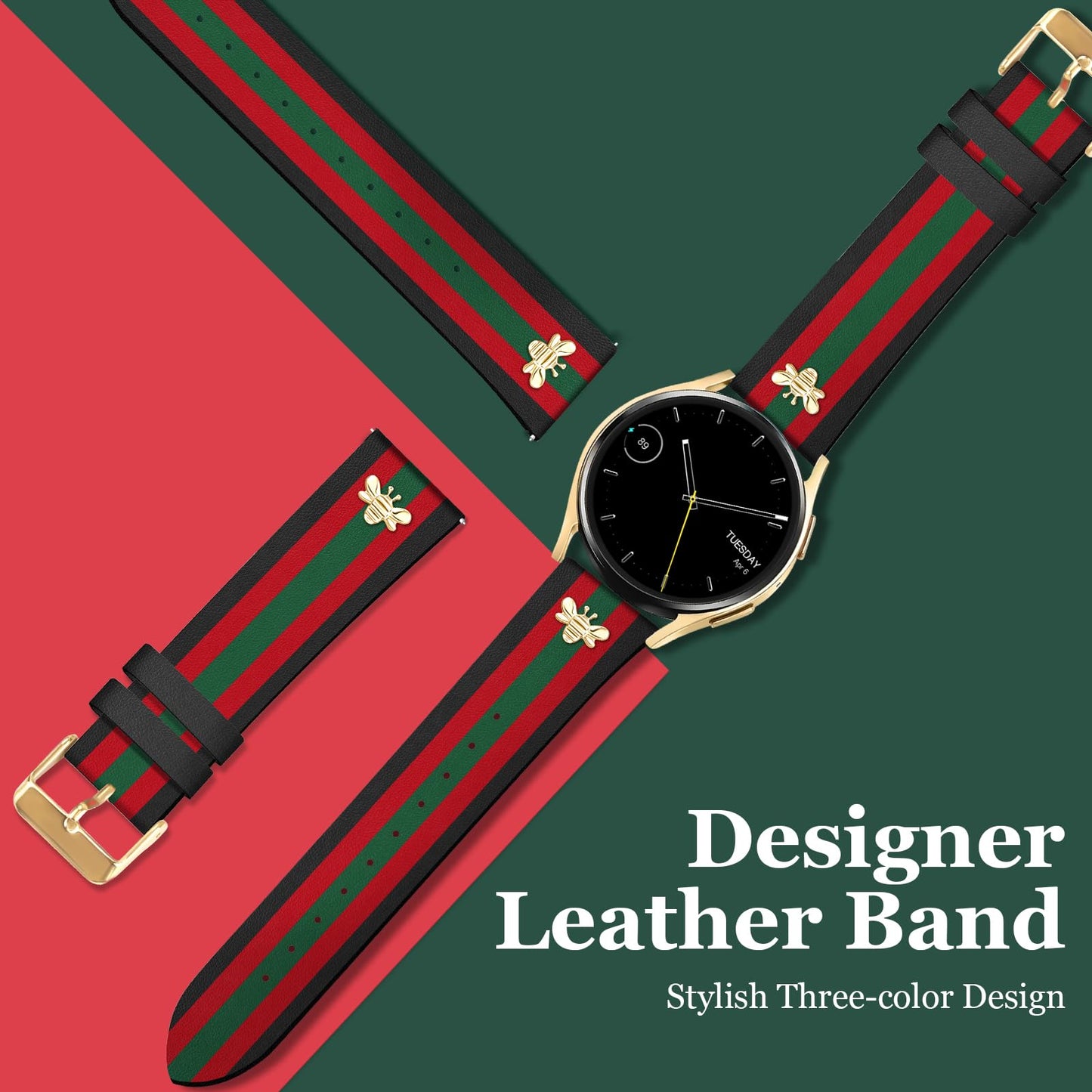 MOINSPIRE Designer Leather Bands with Charms Compatible with Samsung Galaxy Watch 7/6/5/4/Active 2 40mm 44mm/Watch 6 Classic 43mm 47mm/Watch 5 Pro 45mm/Watch 4 Classic 42mm 46mm, 20mm