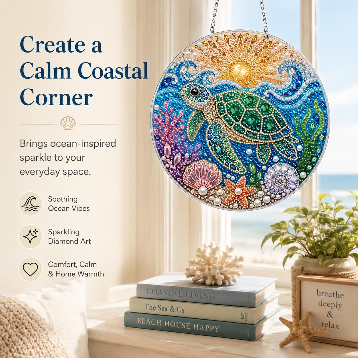 DIY Diamond Art Painting Wreath Kits，Special Shaped Rhinestone Hanging Ornament Diamond Art Window Pendants for Gift Home Garden Wall Hanging Kits,Double Sided (sea Turtle)