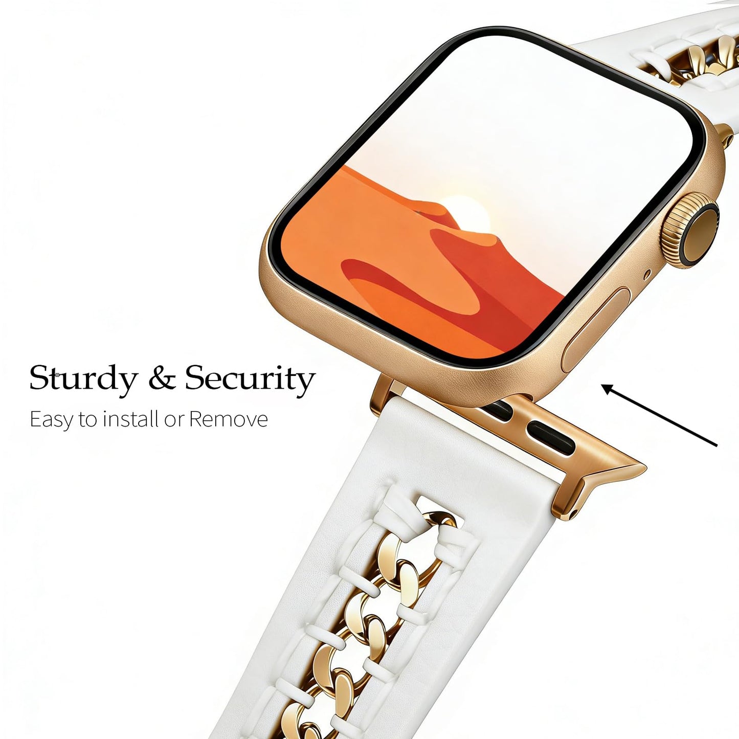 Handodo Italian genuine leather apple watch band with Gold Chain Details, Compatible with Apple Watch Series 11 10 9 8 7 6 5 4 3 2 1 SE SE2 Ultra 2/3, iwatch bands for women men 40mm 38mm 41mm 42mm 44mm 45mm 46mm, SGS Certified,white