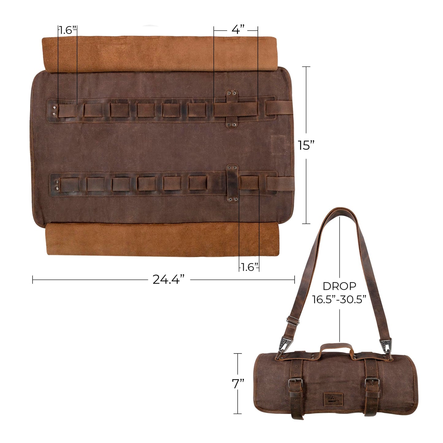 Cast Leather Co., Knife Roll with 8 Pockets, Portable Knife Organizer, Cooking Accessories, Travel Bag, Waxed Canvas, Handmade, Honey Bourbon