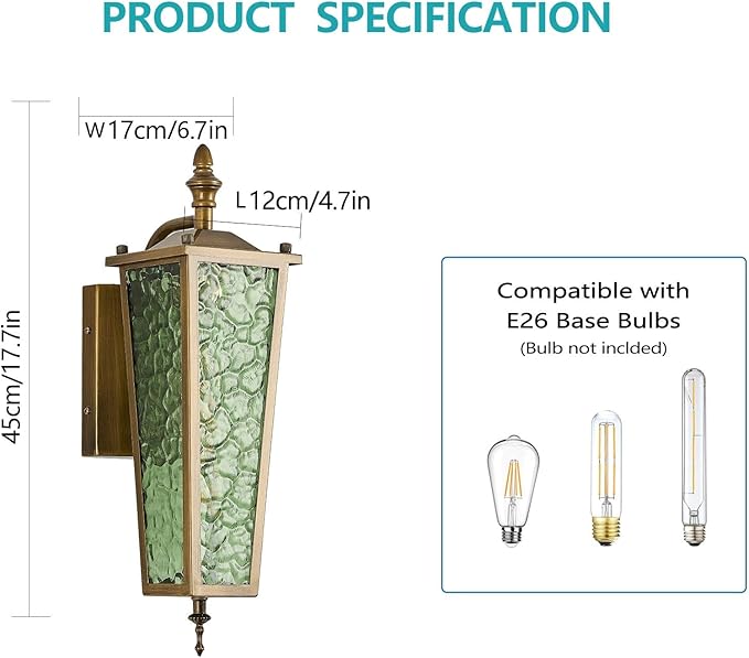 Outdoor Wall Light,Vintage Gold E26 Base 16.7in - Exterior Waterproof Lantern Metal with Green Glass,Farmhouse Porch Sconce Wall Mount Lighting,for Garage,Patio,Front Door,Entryway