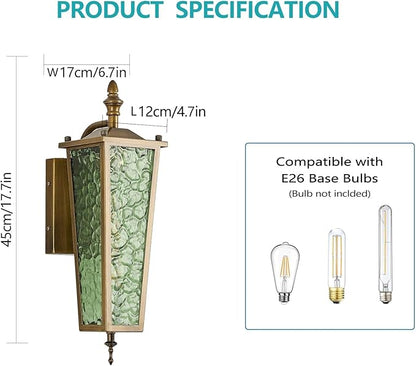 Outdoor Wall Light,Vintage Gold E26 Base 16.7in - Exterior Waterproof Lantern Metal with Green Glass,Farmhouse Porch Sconce Wall Mount Lighting,for Garage,Patio,Front Door,Entryway
