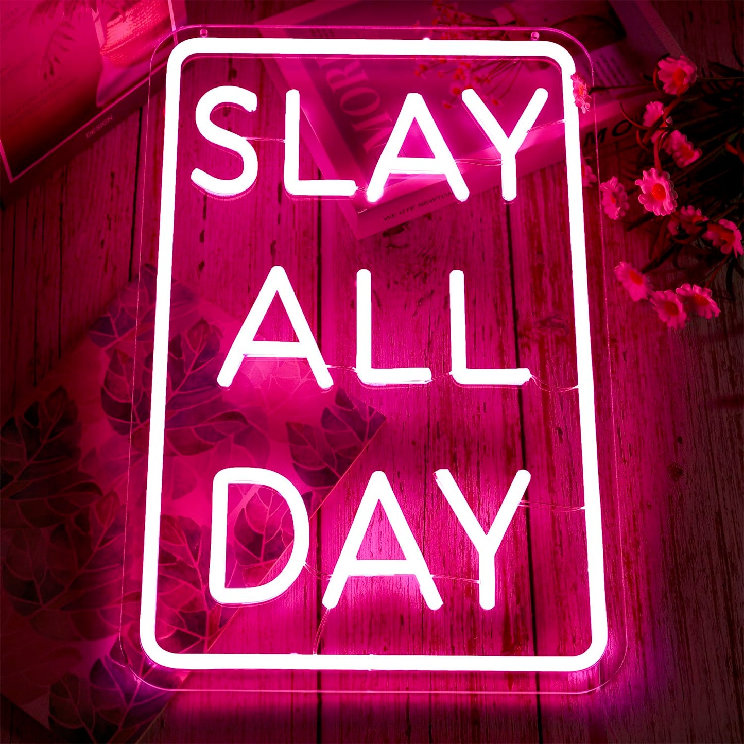 Slay All Day Neon Sign Dimmable Neon Signs for Wall Decor Pink LED Signs USB Light Up Sign Room Decor for Teen Girl Preppy Bedroom Living Room Y2K Coquette Cool Downtown Teenage Girl Room Decoration