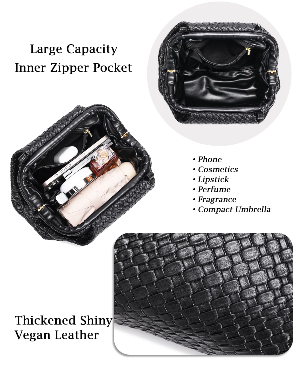 SUANNI Black Woven Vegan Leather Evening Bag, Dumpling Clutch Purse for Women, Shoulder Crossbody Bags with Adjustable & Detachable Strap, Clasp Closure Handbag for Party Wedding Weekends