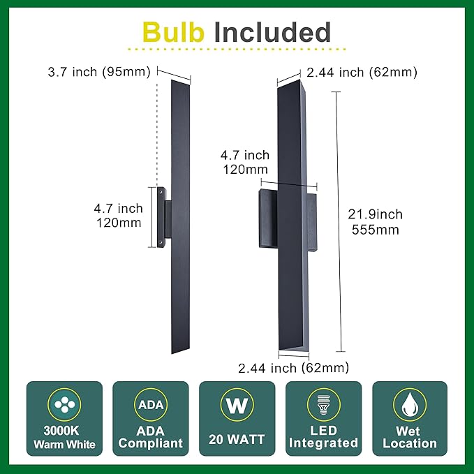 Modern Outdoor Porch Light Patio Lamp in 20W 3000K Integrated LED with Aluminum Triangle & Frosted Glass, IP65 Waterproof Wall Sconce,2 Pack(Textured Black),Can Installed in Any Direction.