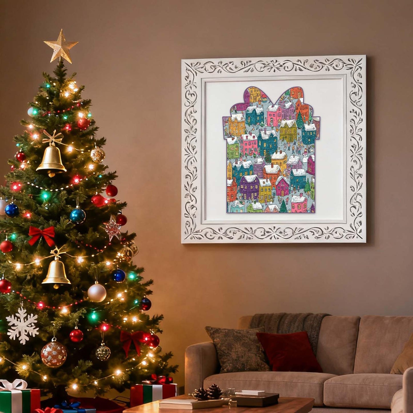 Mocfesk Winter Wooden Puzzles for Adults and Kids, 205 Pieces Holiday Snow Building Jigsaw Puzzles, Unique Shaped Christmas Wood Puzzles Gifts for Grandkids, Family Game Home Decor 9.4'' x 12.2''