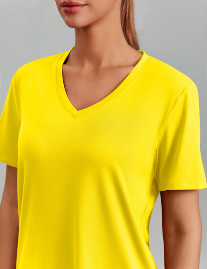 PINSPARK Womens Hiking Shirts Short Sleeve V Neck UPF 50 Sun Protection Moisture Wicking Quick Dry Outdoor Athletic Tops,Yellow Large