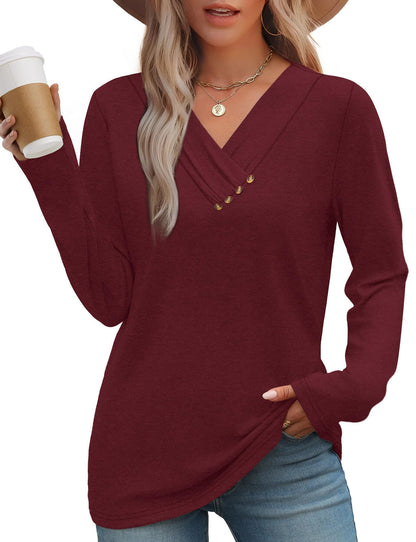 WIHOLL Long Sleeve Shirts for Women Fall Outfits V Neck T Shirts Button Down Tunic Tops Fashion Clothing
