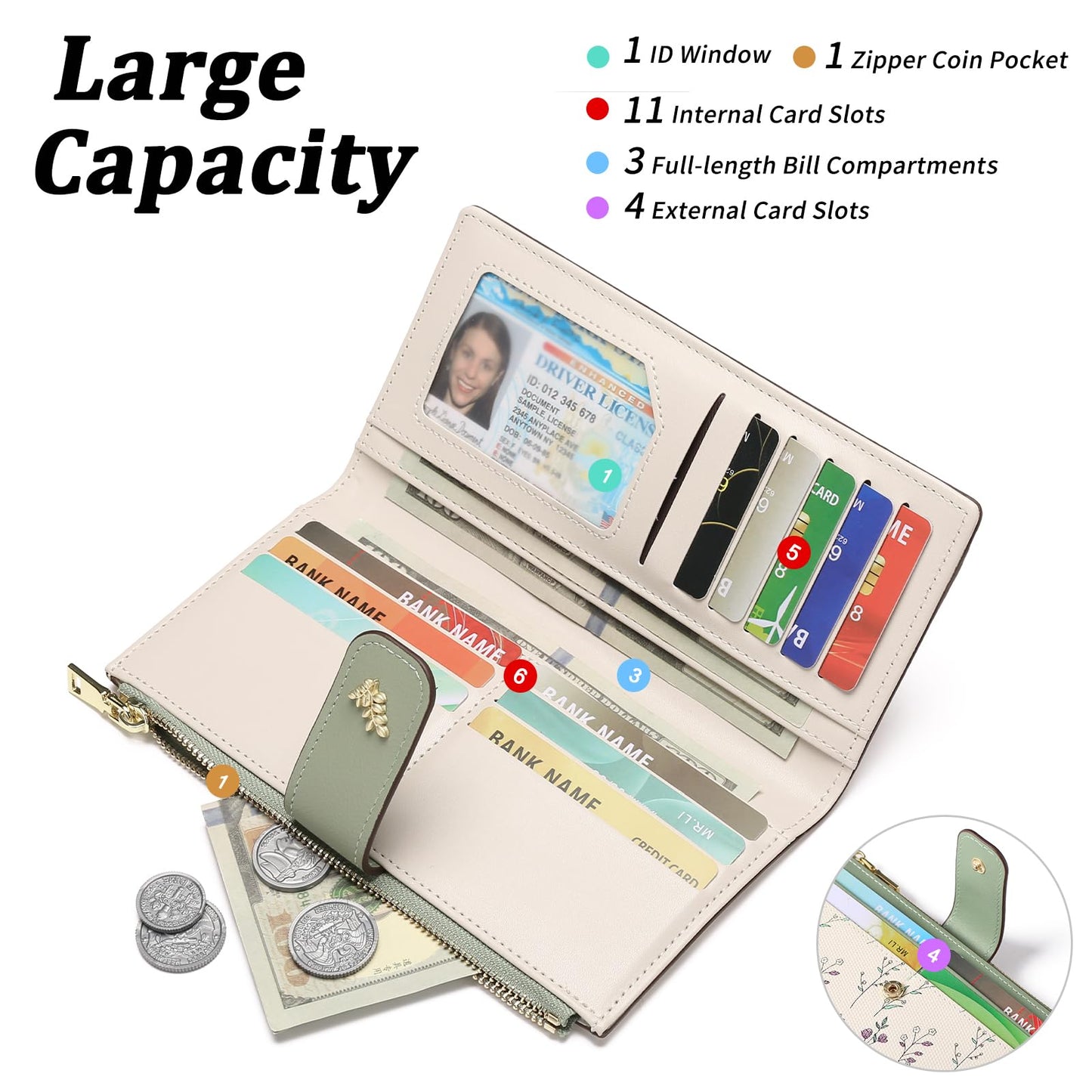 GAEKEAO Womens Wallet Slim Thin RFID Blocking Floral Vegan Leather Card Holder Bifold Long Ladies Wallet with Zipper Pocket