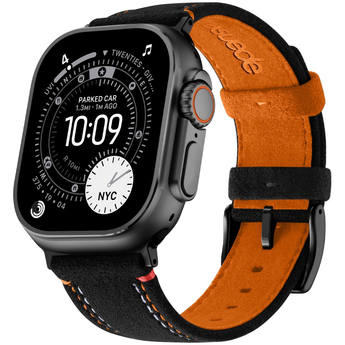 Bandletic Compatible with Apple Watch Ultra 3 2 1 Band 49mm for Men, Suede Leather Bands Breathable Replacement Strap for iWatch Series 11 10 (46mm), 9 8 7 (45mm), SE3 SE2 SE 6 5 4(44mm), Black/Orange