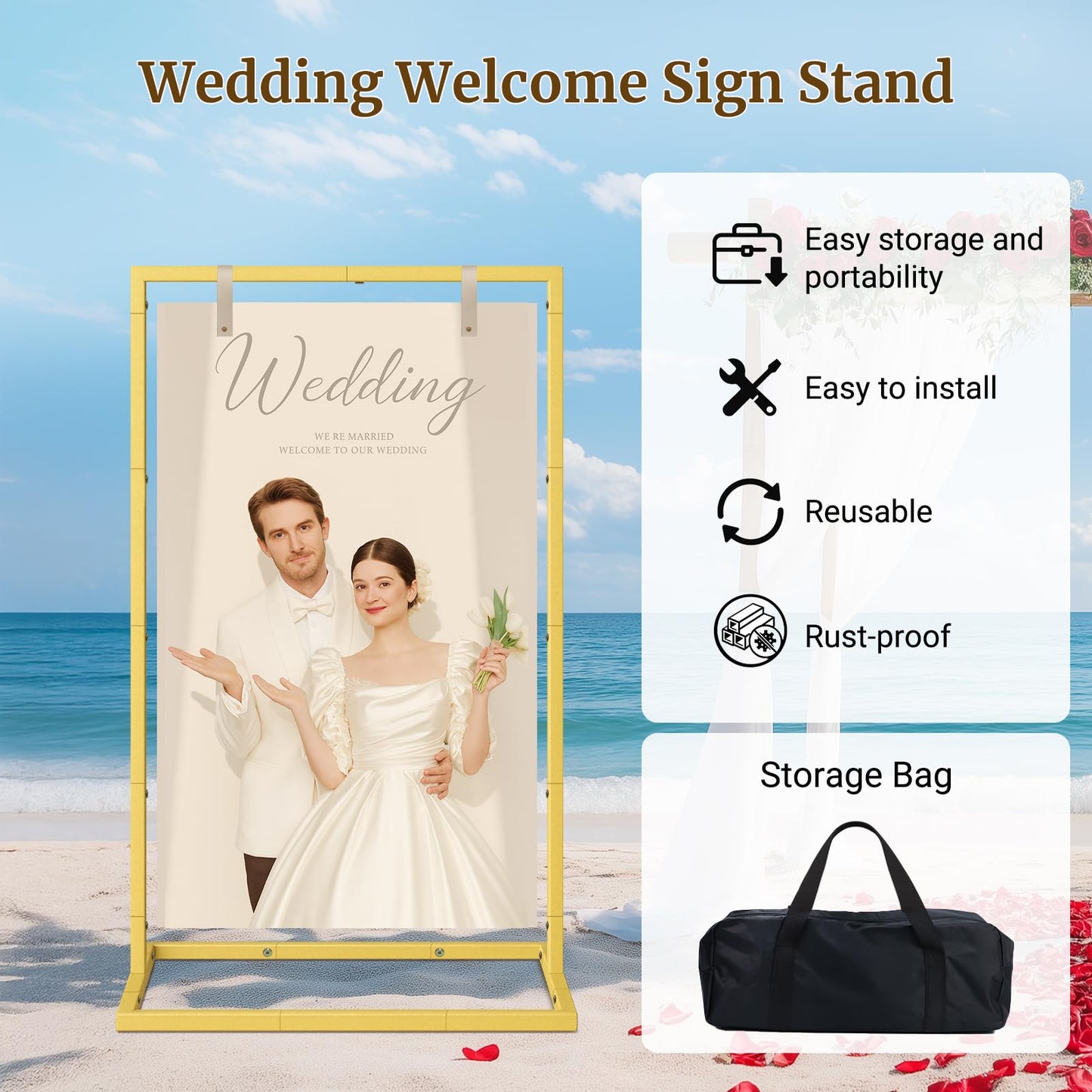 FamilyKit Wedding Welcome Sign Stand, Welcome to Our Wedding Sign Stand with Storage Bag and Leather Straps for Hanging, Adjustable Wedding Sign Holder for Wedding, Birthday, Anniversary, Christmas