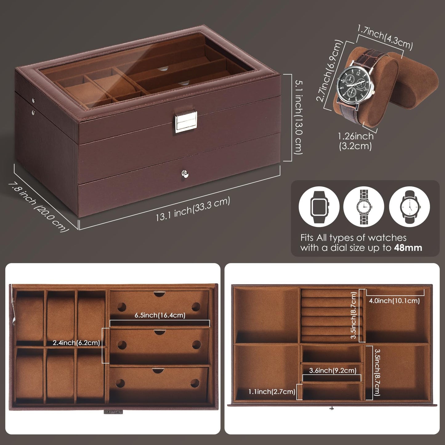 GLJ Jewelry Box for Men, 6 Slot Watch Box Jewelry Organizer With Drawer, Watch Case for Men with Large Window, 2-Layer Watch Holder, Sunglasses Storage Organizer, Velvet Lining, Fathers Day Gift