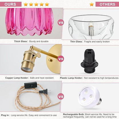 Plug in Wall Sconce, Vintage Sconce Light with Tulip Ruby Red Glass Lampshade, 180° Adjustable Wall Sconce with Switch and Plug in Wall Lamp Cord, Gold Wall Light for Bedroom Bedside