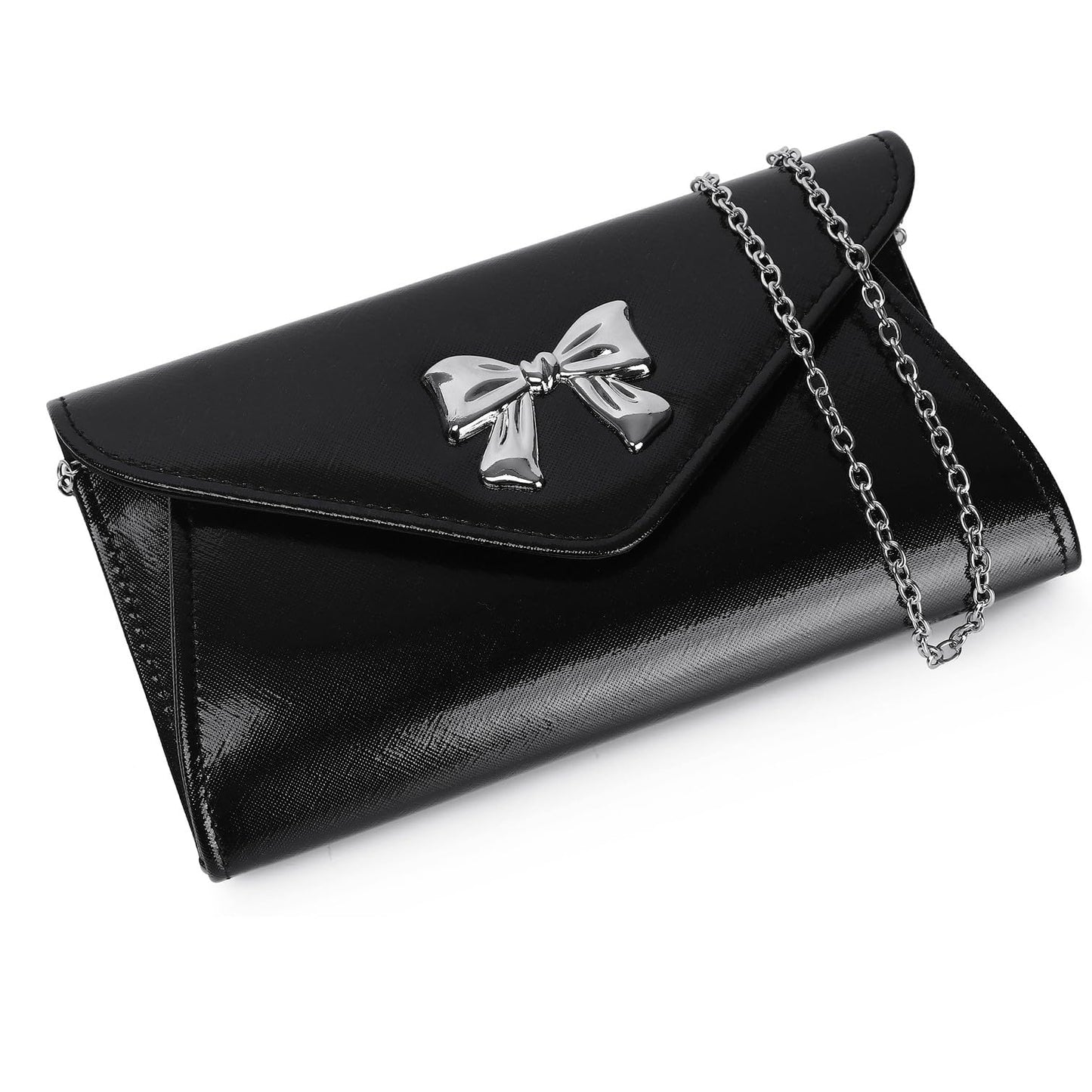 Gurina Evening Clutch Purse for Women with Bow Detail, Elegant PU Leather Shiny Party Bag with Detachable Chain Wedding Prom Handbag (Black L70)