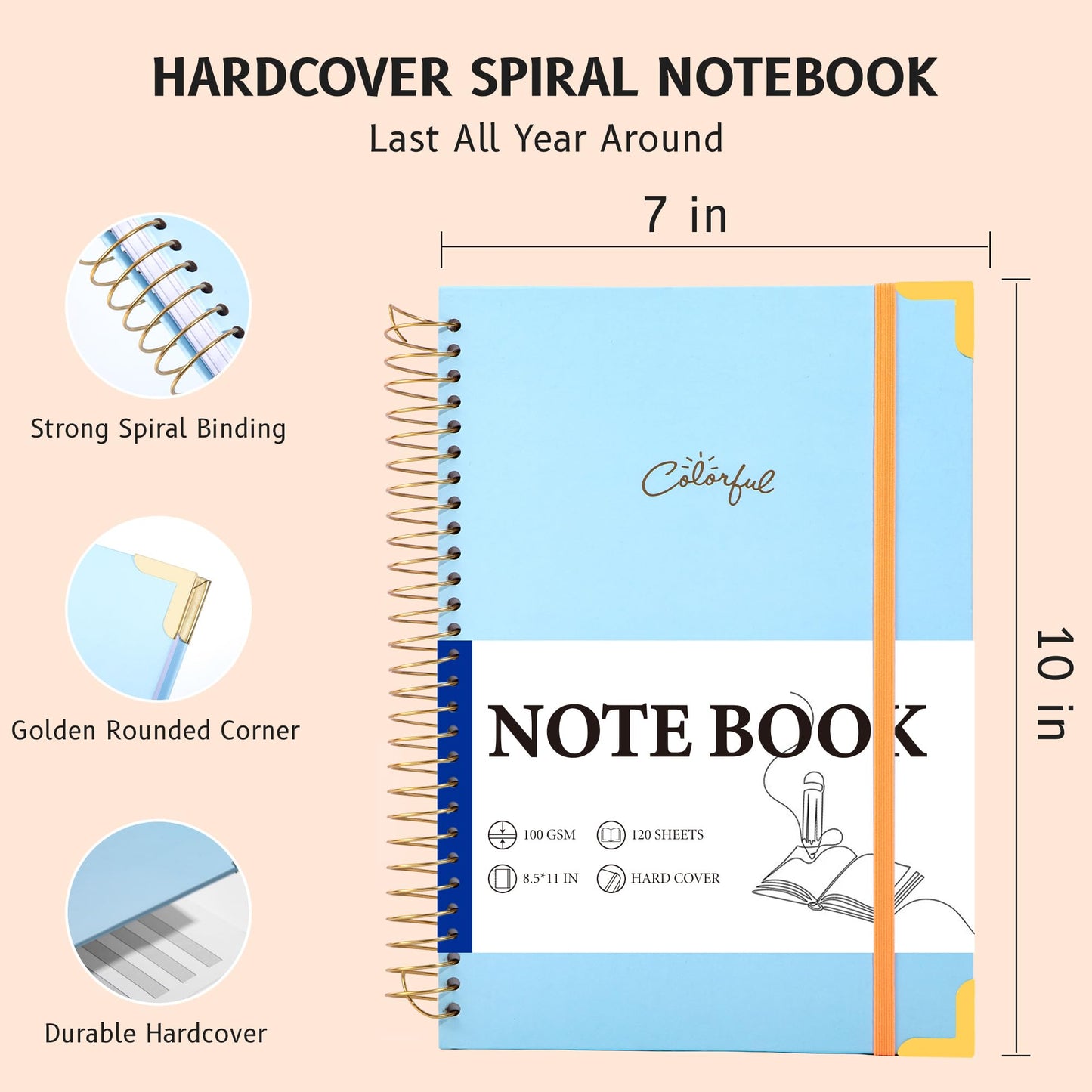 Yoment B5 Spiral Notebook with Folder Pockets - 200 Pages Hardcover College Ruled Journal, Thick 100gsm Paper for Note Taking, Work & Office, Lined Notebook for Women & Men, Blue