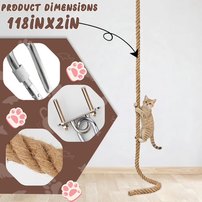 GINDOOR 2" x 9.8Ft Cat Climbing Rope with Hook, Natural Sisal Ropes for Ceiling and Wall Mounted, Durable Space Saving Cat Climbing Jute Rope Toy with Scratching Kitten Rope for Indoor and Outdoor