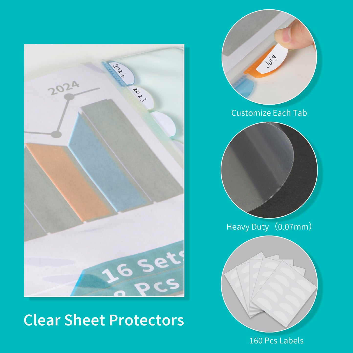 Binditek 128 Pack Heavyduty Clear Sheet Protectors with 8 Tabs, 45 Sheets Capacity, 8.5 x 11 inch Plastic Dividers for 3 Ring Binder, Insertable Index Divider, Letter Size, 16 Set, Label Sticker