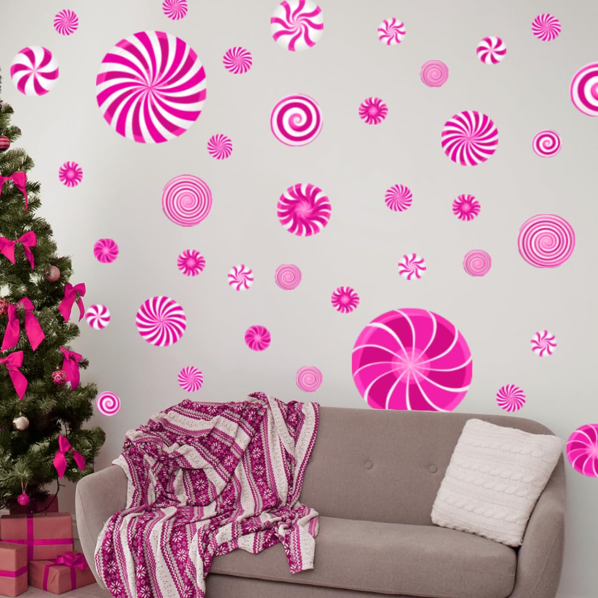 77 Pcs Christmas Candy Wall Decals Decorations Christmas Wall Stickers Pink Peppermint Candy Floor Decals for Xmas Candyland Party Decorations