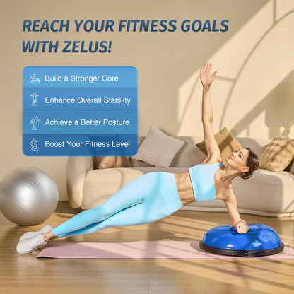 ZELUS 25in. Balance Ball | 600lb Inflatable Half Exercise Ball Wobble Board Balance Trainer w Nonslip Base | Half Yoga Ball Strength Training Equipment w 2 Bands, Pump, Extra Ball Included (Blue)
