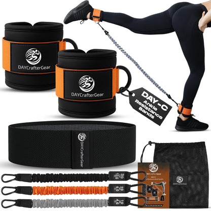 Ankle Resistance Bands with Cuffs & Bonus Fabric Resistance Bands for Working Out – Home Workout Set for Legs, Glutes, Yoga, Pilates, Strength Training Women & Men – Includes Bag & Guide