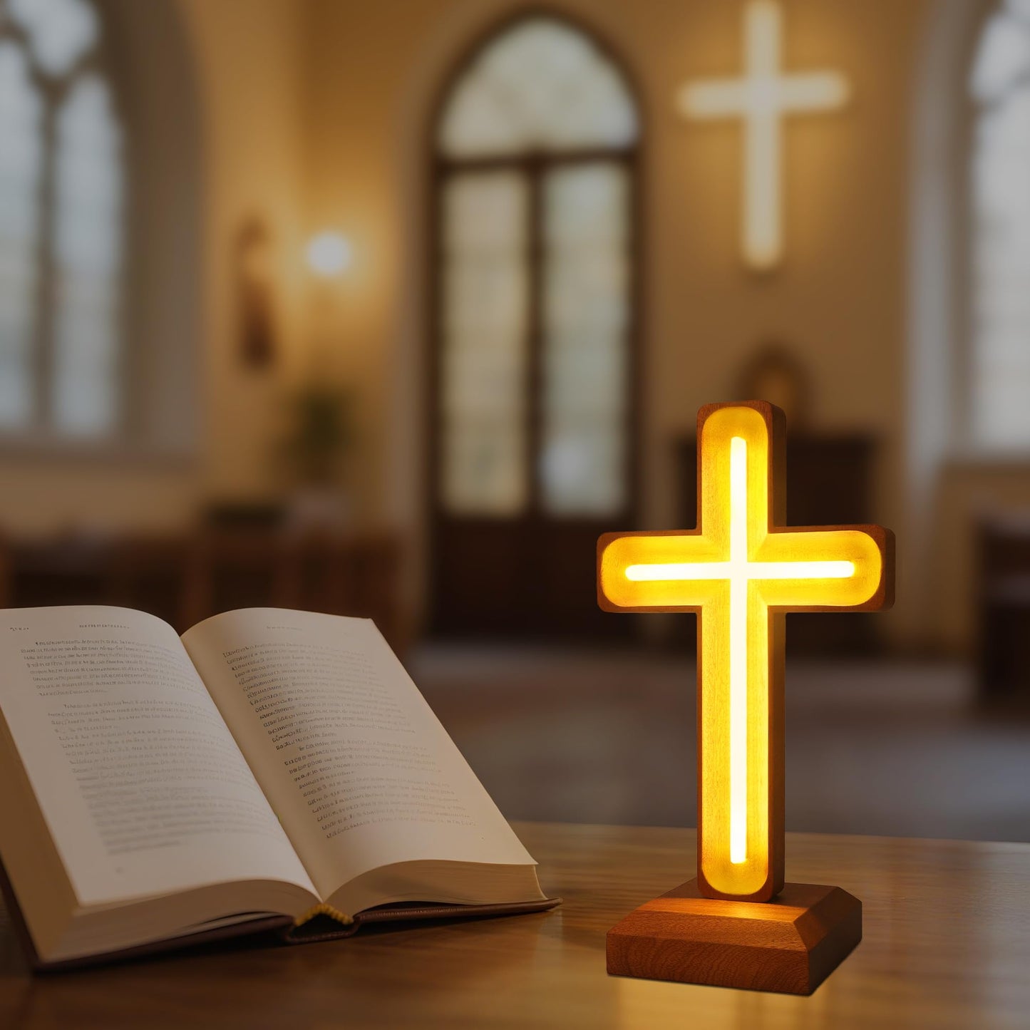Handcrafted Wooden Cross Lamp for Spiritual Home Decor and Gifting, Cross Neon Sign with USB-Powered Warm Light for Bedside, Prayer Spaces, Christmas, Weddings, Baptism, Memorials
