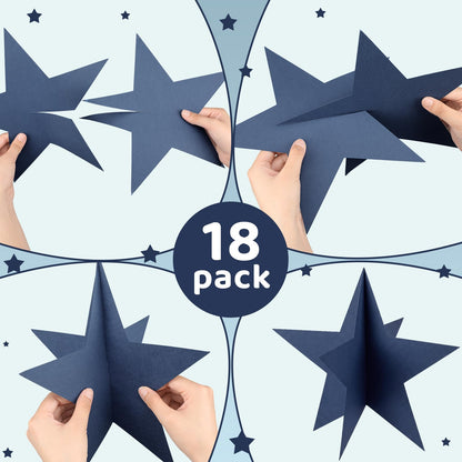 Sinload 18 Pcs Large 3D Glitter Star Decorations Back to School Work Navy Blue Silver Star Centerpiece Standing Hanging Decor for School Centerpiece Starry Movie Night Themed Party Decor