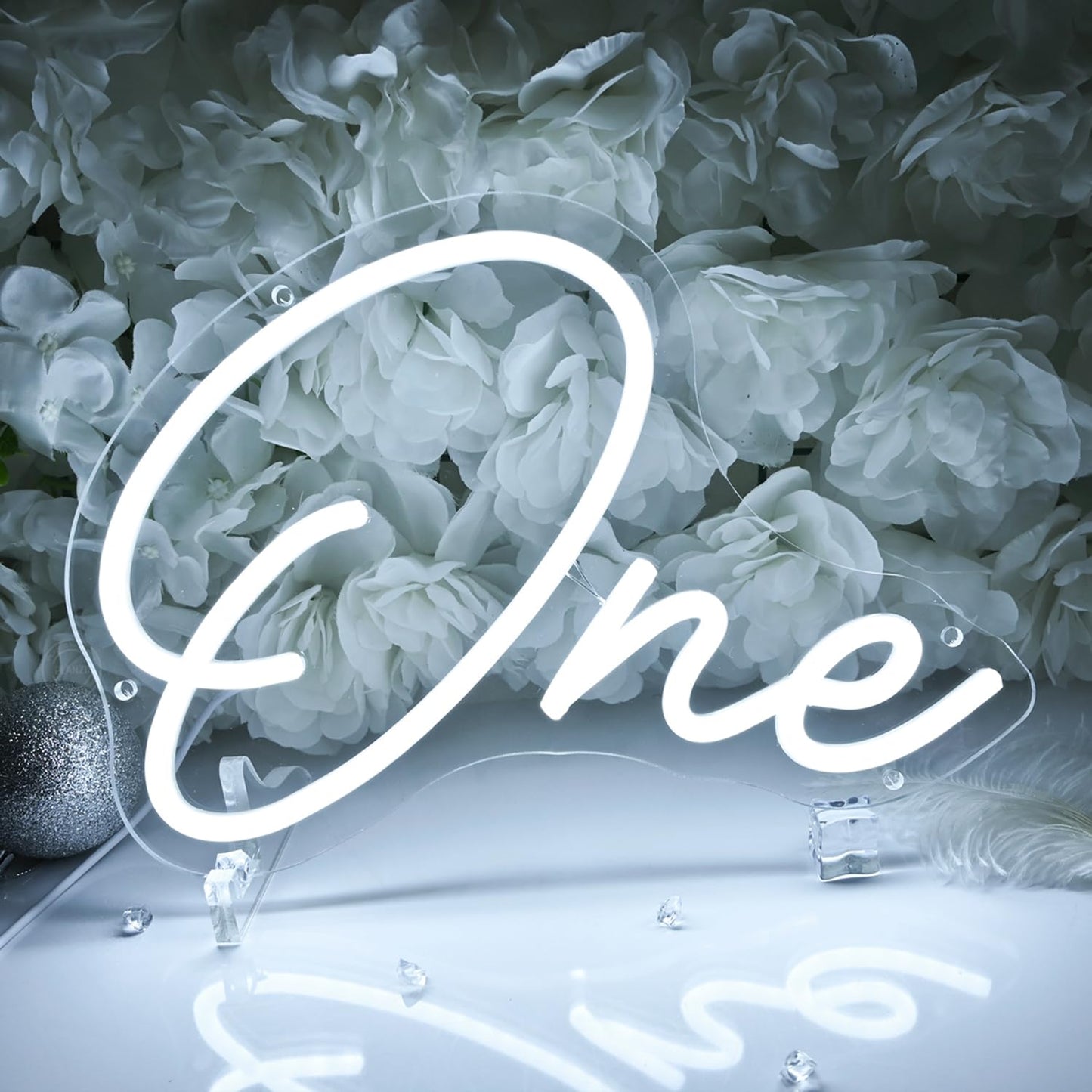 Planzo One Led Neon Sign Light 1th One Year Old Birthday Baby Cave Backdrop Bedroom Wall Sign Decor Banner Wedding Party Decor Gifts USB 11.81"x8.66" Cold White
