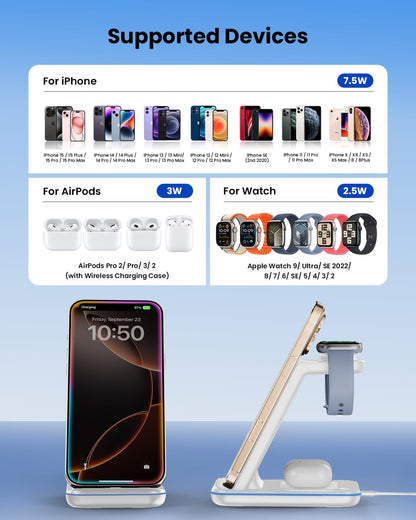 Wireless Charging Station for Apple - 3 in 1 Wireless Charger Stand Dock Watch and Phone Charger Station for Apple Watch 11/8/7/SE/6/5/4/3/2, iPhone 17 16-12 Pro Max SE XS X, Samsung, AirPods Pro/3/2