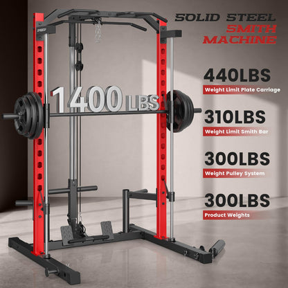 OPPSDECOR All-in-One Smith Machine for Home Gym, 1400LBS Multi-Functional Power Cage Squat Rack with LAT Pulldown System, Cable Machine & Barbell Bar - Strength Training Equipment with Attachments