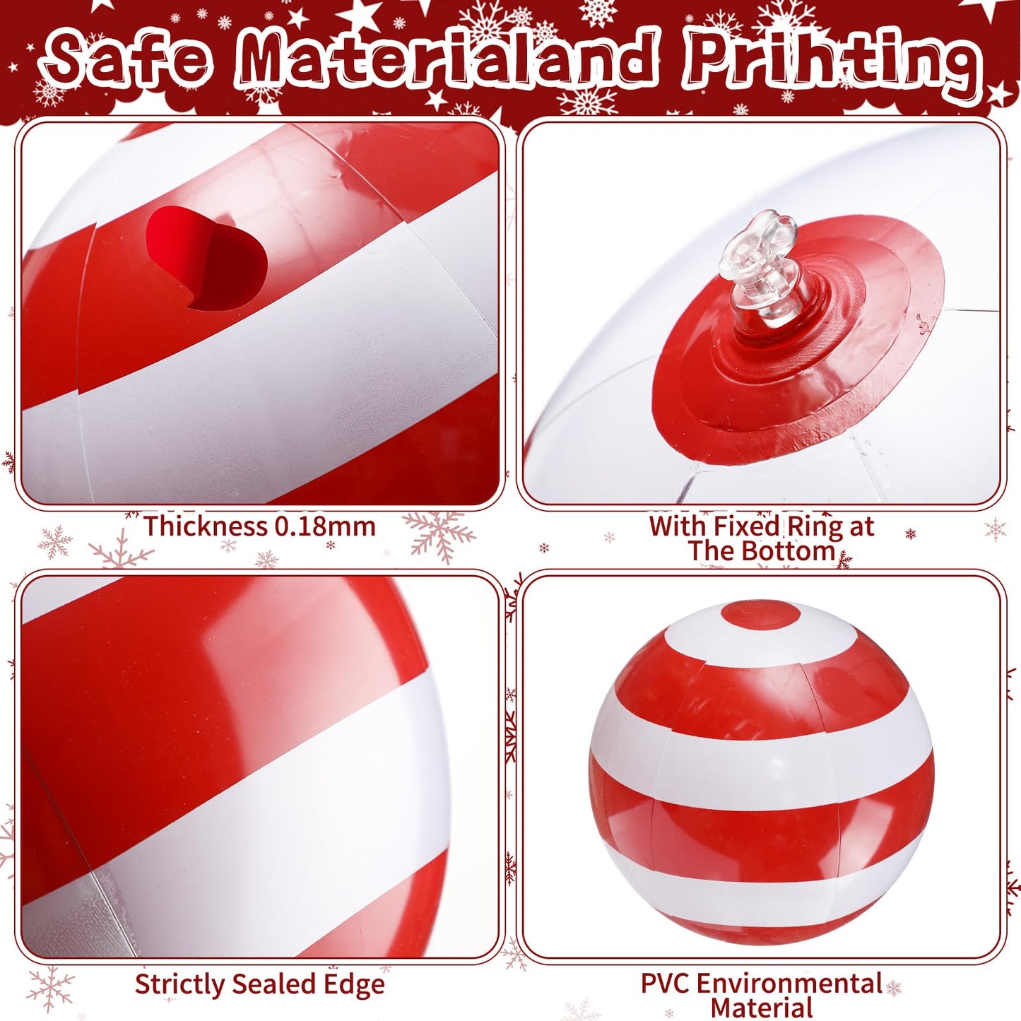 Jetec 12 Pcs 24 Inch 16 Inch Giant Inflatable Christmas Balls Ornaments Large PVC Inflatable Ball Decorations for Xmas Tree Holiday Yard Lawn Porch Outdoor (Red and White,Candy Cane)