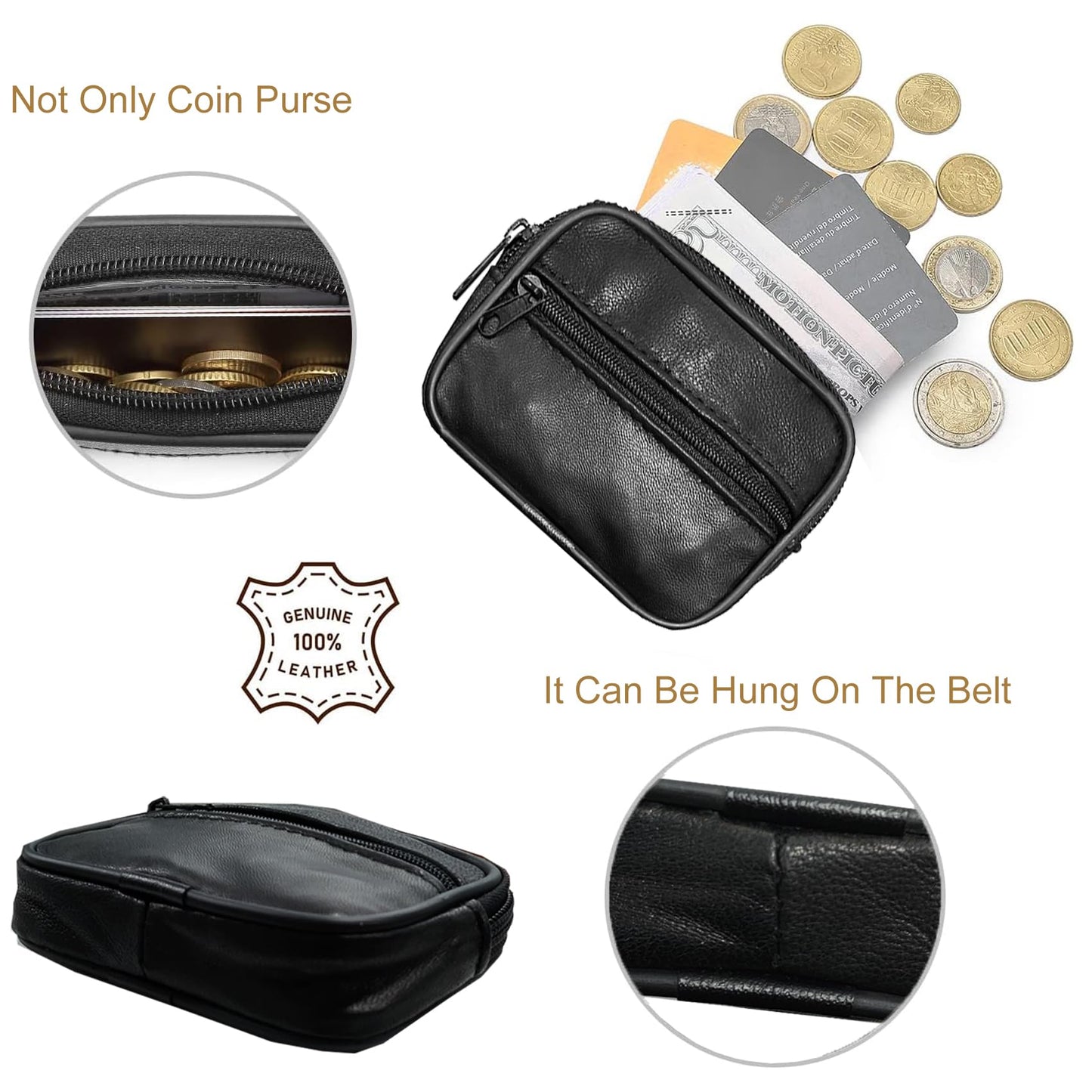 Leather Coin Purse Belt Zipper Pouches for Men Women Purse with Belt Loop Mini Coin Purse Change Holder Zippered Purse (4Inchx3Inchx1.4Inch)