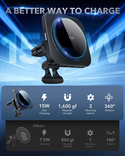 ESR for MagSafe Car Mount Charger, 15W Magnetic Wireless Car Charger, Compatible with MagSafe Car Charger, Air Vent/Dashboard Phone Holder Mount for iPhone 16/15/14/13/12, Fast Charging, Black