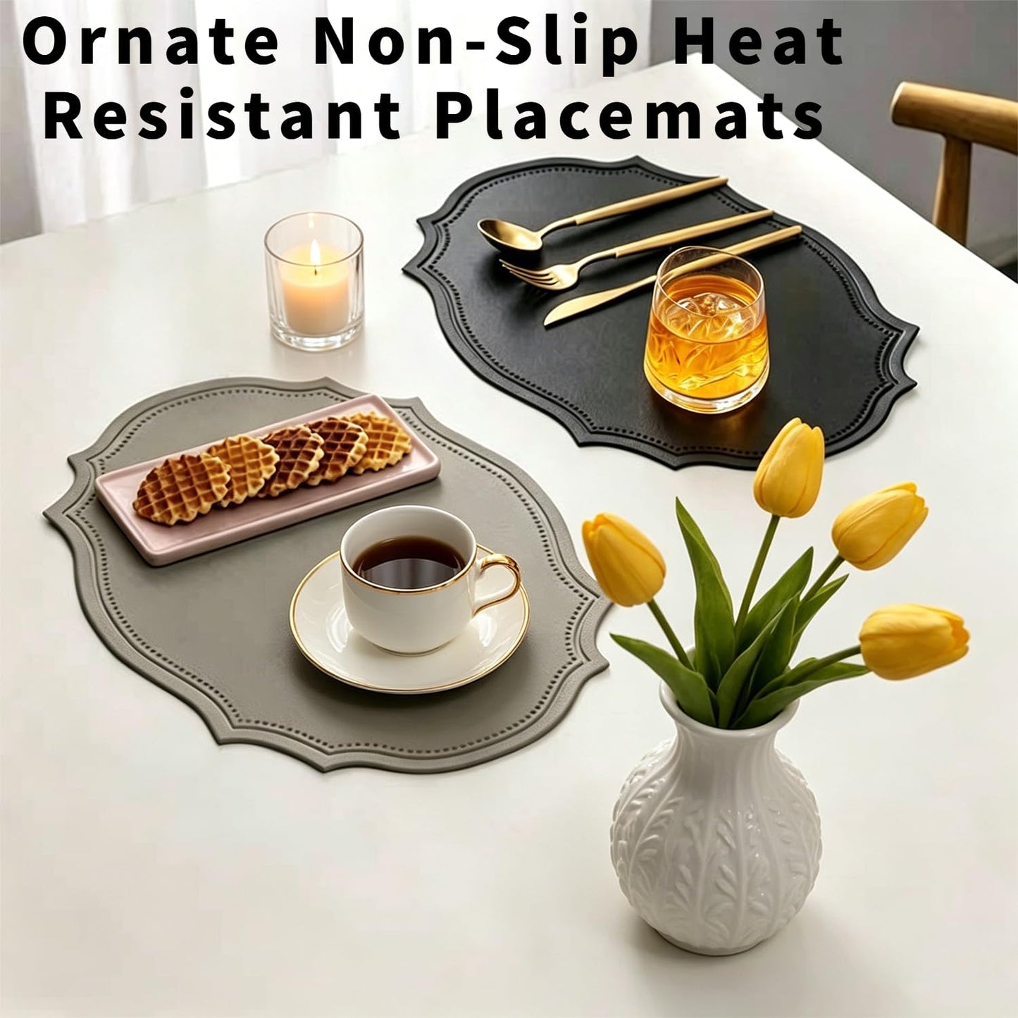 Double-Texture Faux Leather Oval Placemats Set of 6 Washable Heat Insulation Mats Watertight and Non-Slip for Home Kitchen 、Coffee Shops、Restaurants(Brown)