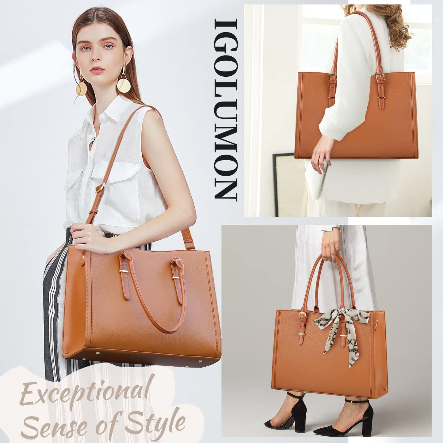 Laptop Bag for Women 15.6 inch Waterproof Laptop Tote Work Bag Leather Computer Tote Briefcase Bag Office Professional Large Capacity Handbag School Shoulder Bag Brown