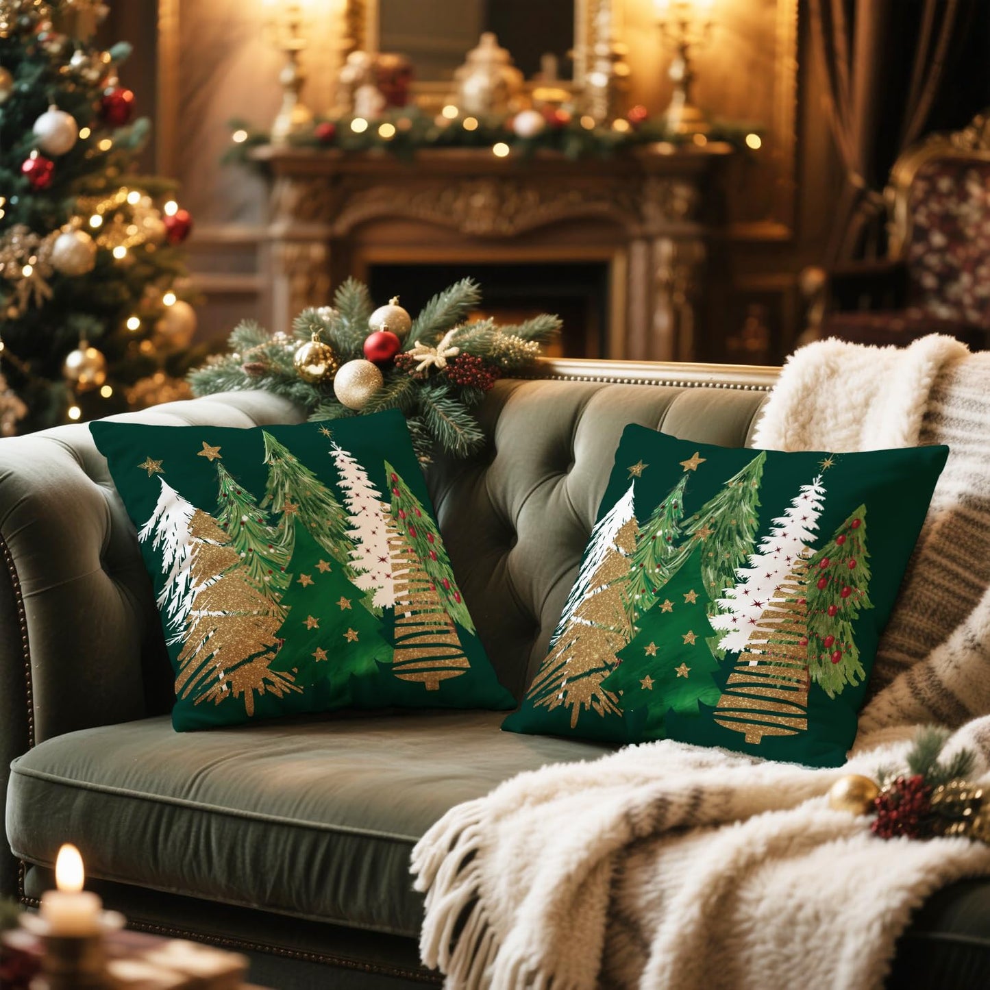 Artmag Christmas Tree Pillow Covers 24x24 Inch Set of 2, Decorative Farmhouse Green Pillow Shams Cases Slipcovers for Home Couch Sofa Decorations