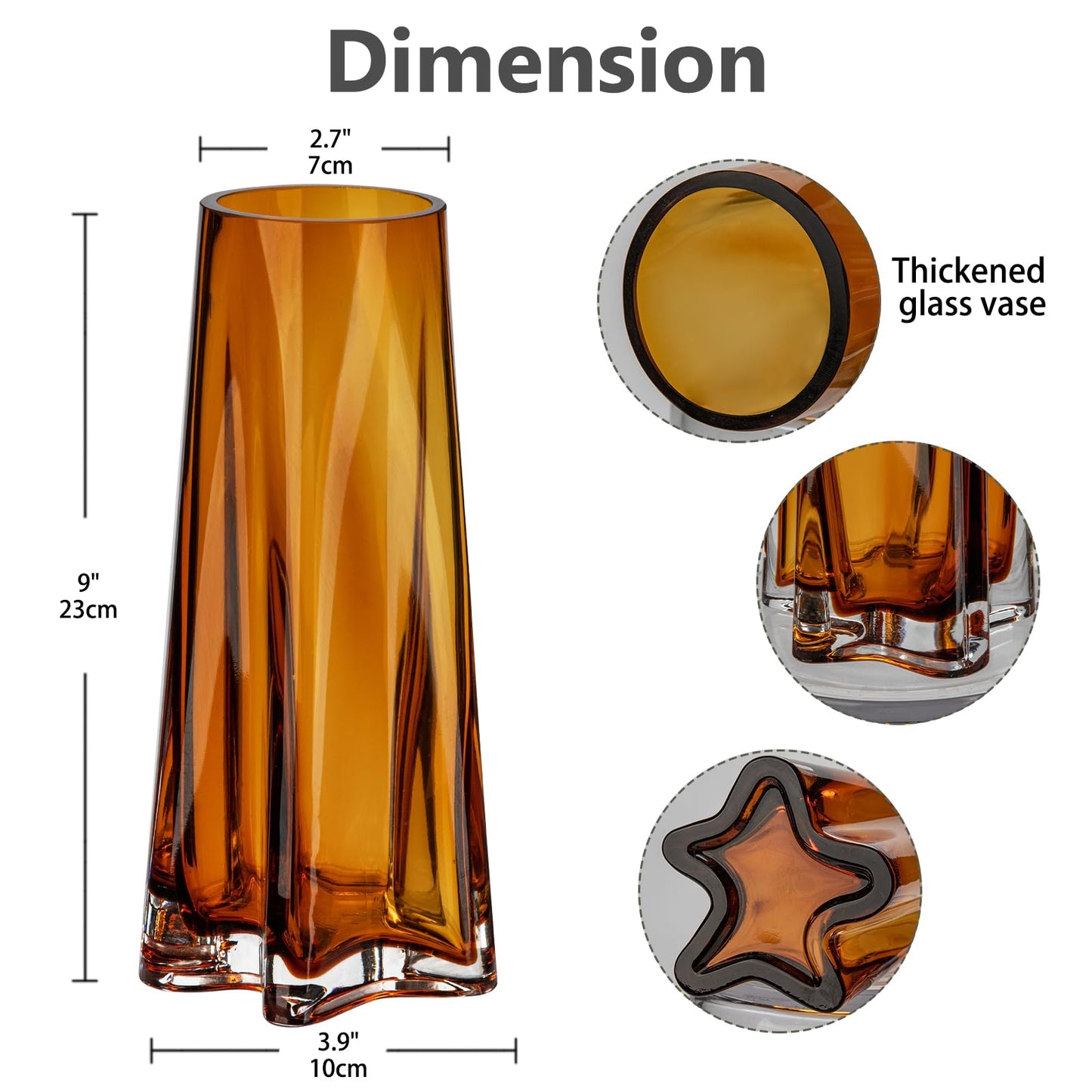 Thickened Amber Vase Star Shape Flower Vase 9" Tall Vases for Bouquet Glass Vases for Flowers Unique Vase for Home Décor Living Room Countertop Wedding Table Centerpieces