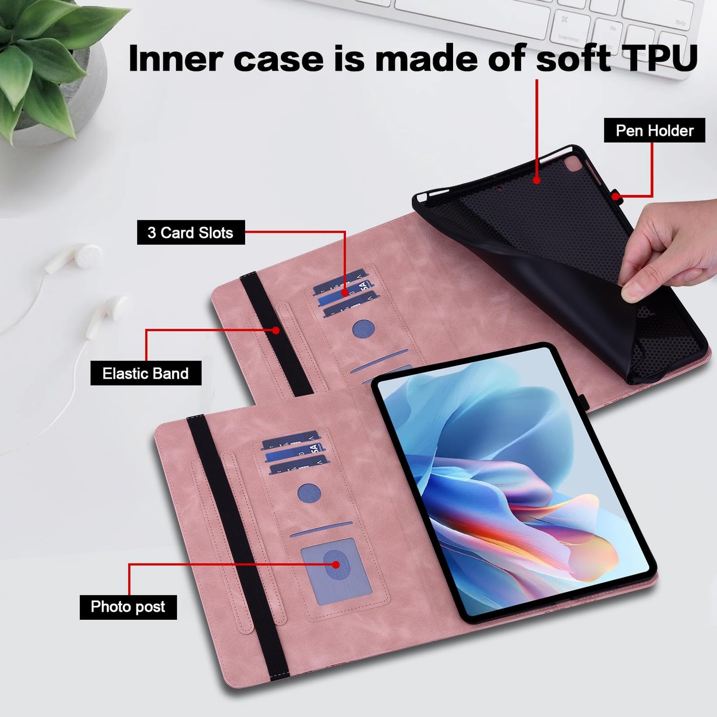 TUOLISG Case for iPad 6th / 5th Generation 9.7 Inch 2018/2017, iPad Air 2 Multi Angle Flip PU Leather Shockproof Case with Pencil Holder/Card Slots, Pink