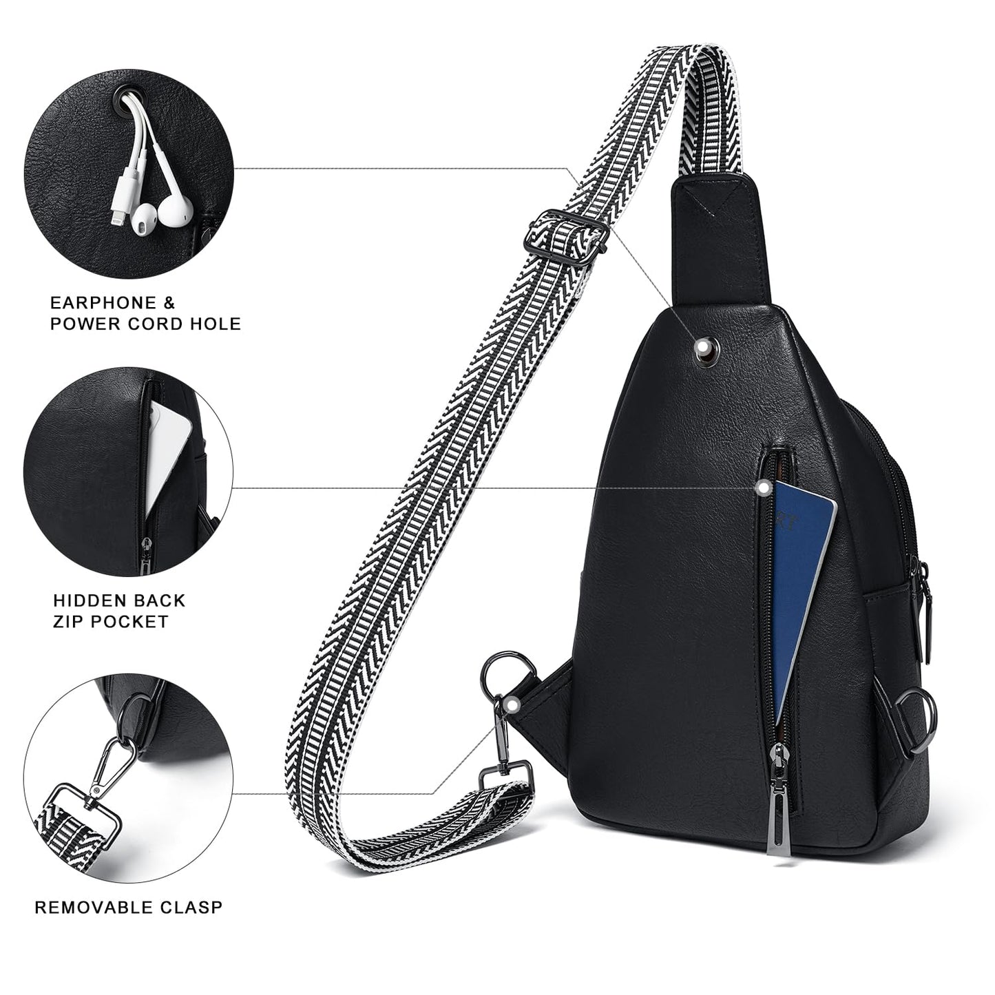 LATMAP 7L Sling Bag for Women Men Crossbody Belt Bag Small Travel Sling Backpack Anti Theft Chest Daypack Purse Faux Leather,Black