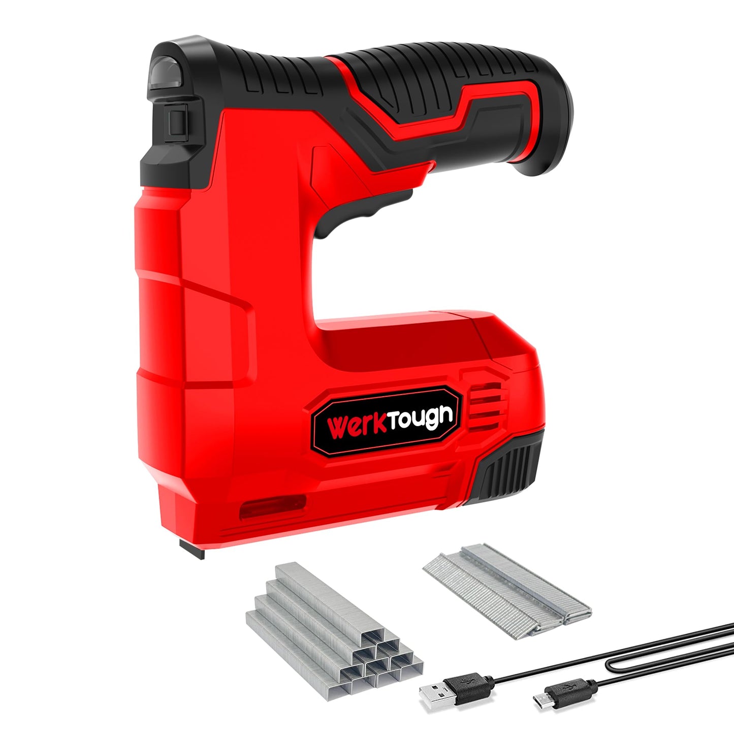 Werktough 4V Cordless Staple Gun Red Brad Nailer DIY 2 in 1 Electric Staple Gun USB Cable 2000pcs Staple T50 18GA