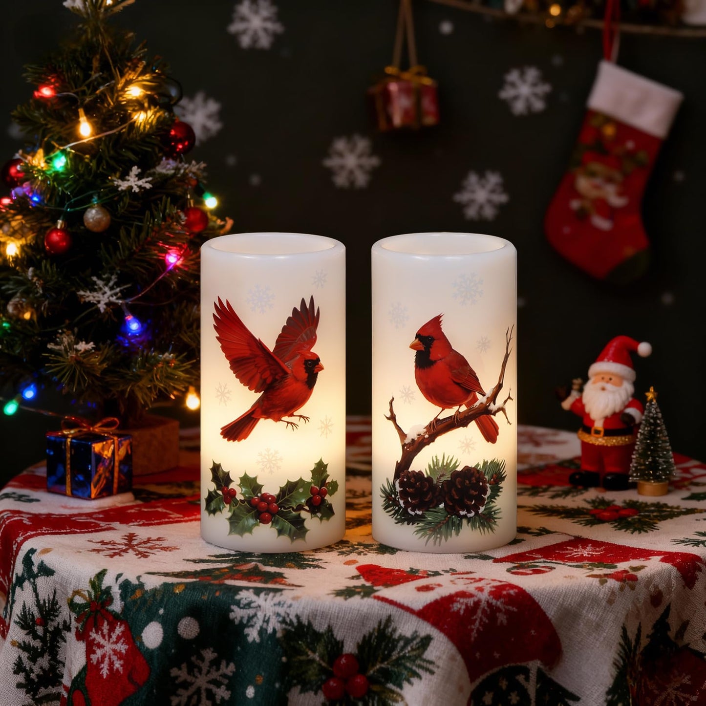 Eldnacele Christmas Cardinal Flameless Candles Battery Operated with Remote and Timer Real Wax Flickering LED Pillar Candles Winter Holiday Indoor Decor(2 Pack, 3" D x 6" H)