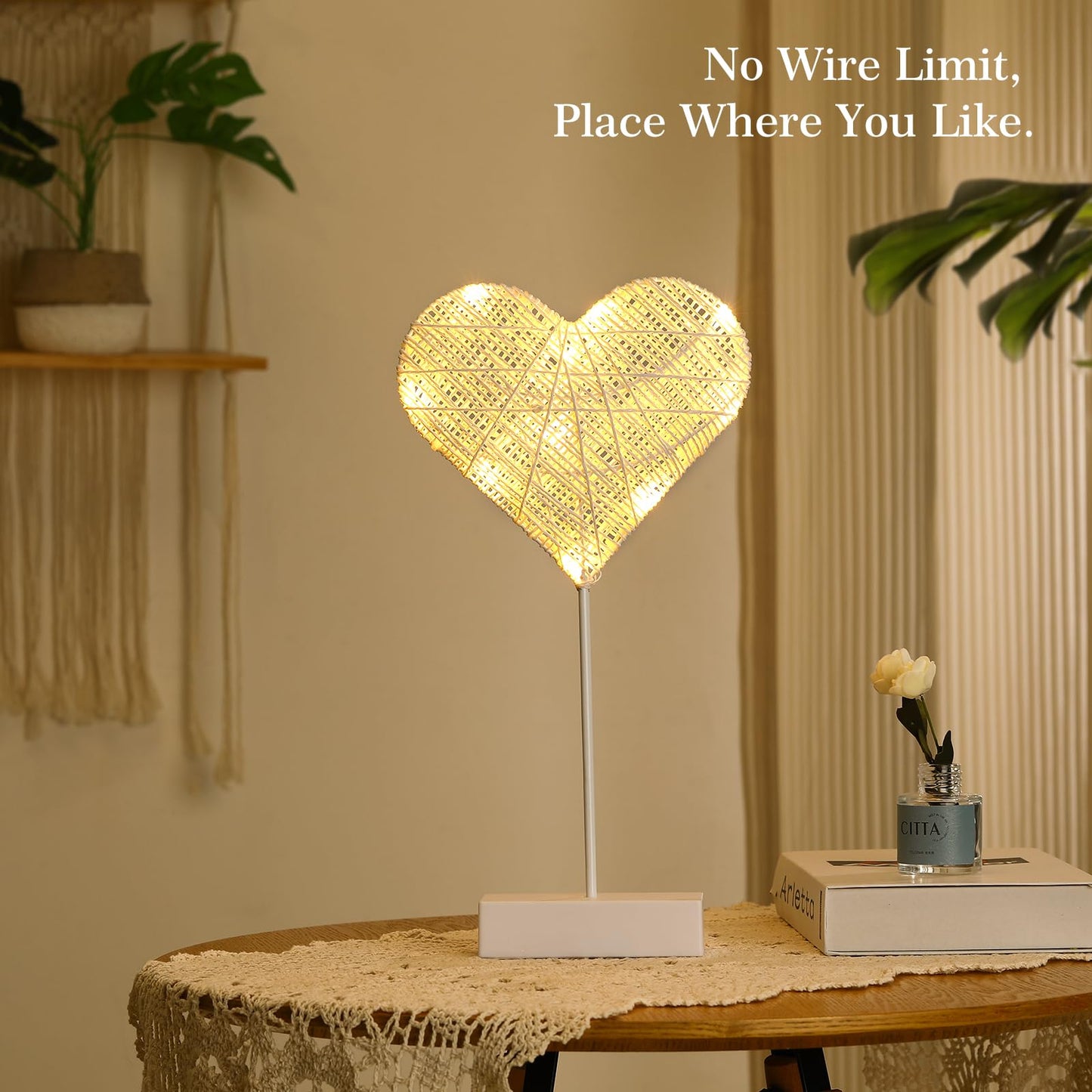 Lewondr Heart Decorative Table Lamp, Valentines Day LED Light Winding Cotton Thread Night Lamp for Bedroom, Battery Powered Desk Lamp for Galentine's Day Romantic Gifts for Women Home Decorations