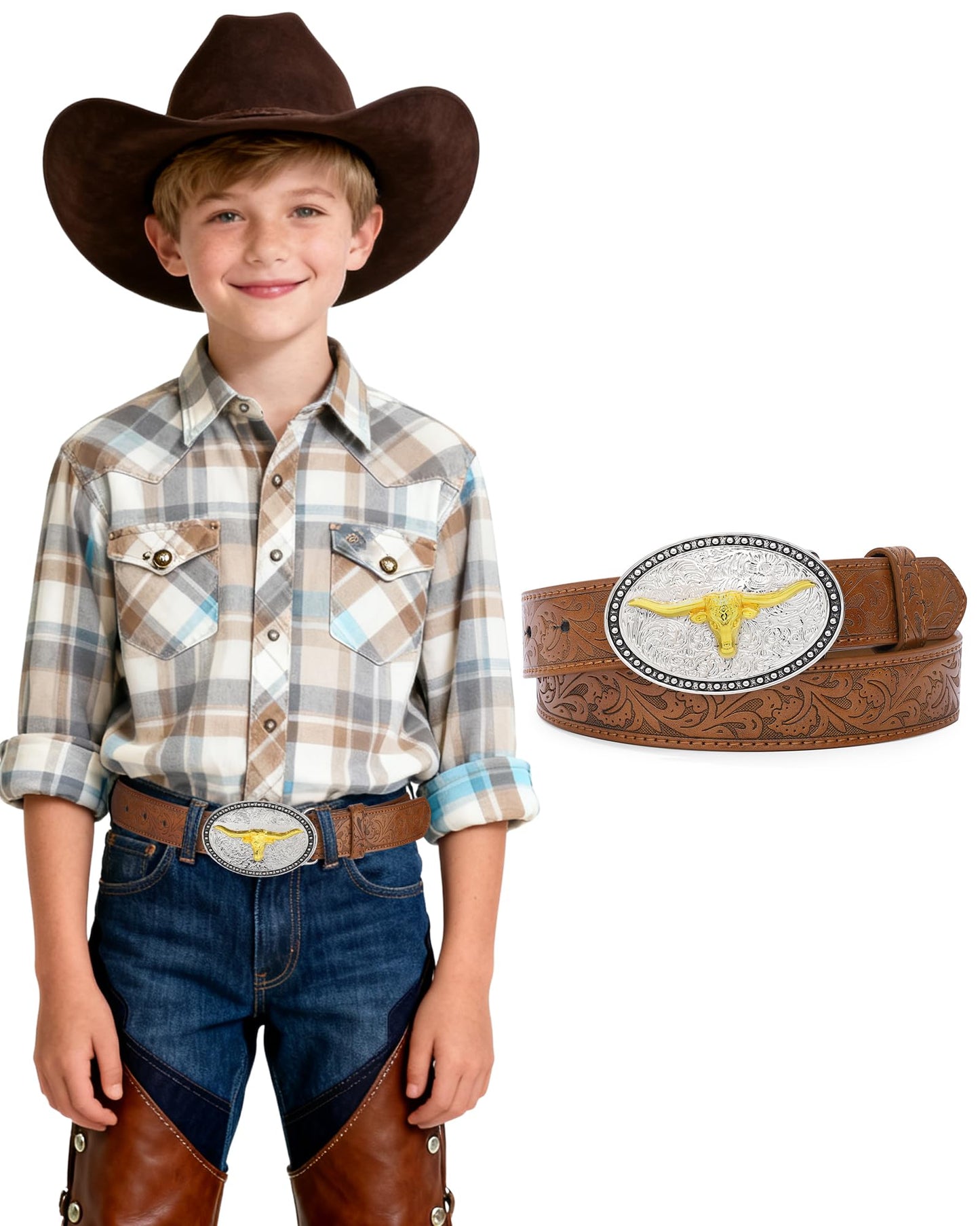 AWAYTR Kids Western Belt with Detachable Buckle - PU Leather, 3 Sizes (23"-34.5"), Adjustable for Daily Wear & Halloween (Cow Buckle-Brown, Fit Waist: 26.5"-30")