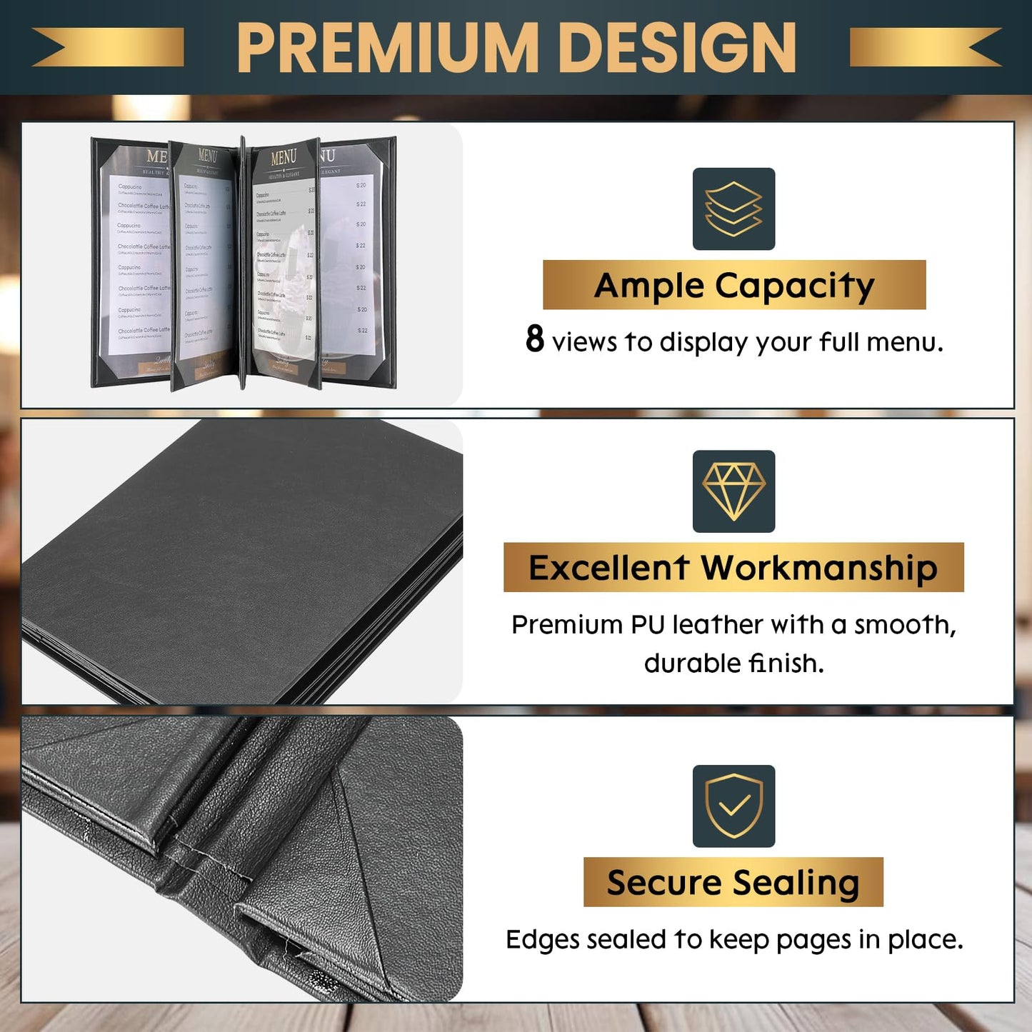AMGSH 6 Pack 8 View Menu Holder Menu Covers 8.5" x 11" | Restaurant Menu Covers Diploma Cover Black Leather Menu Sleeves Book Style for Restaurant Coffee Bars Wine List Fit for Letter Size Paper