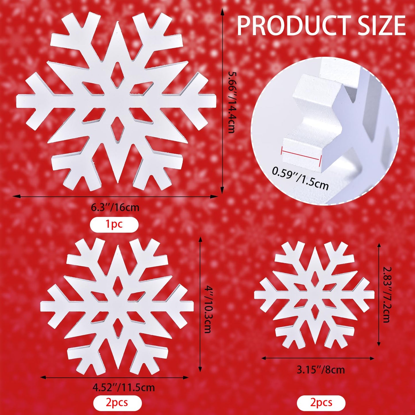 GHOSTMAGIC 5Pcs Christmas Snowflake Wooden Tabletop Decor, White Snowflake Wood Sign Blocks Winter Decoration in 3 Sizes, Farmhouse Tiered Tray Decor Centerpiece for Xmas Party Home Mantel (White)