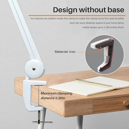 Task Lamp with Clamp, 23 Inch Lamp Head, Bright 182PCS LEDs,5 Color Temperatures, 5 Brightness Levels, Metal Swing Arm 24W 2200 Lumen Dimmable Led Desk Lamp (White, CCT)