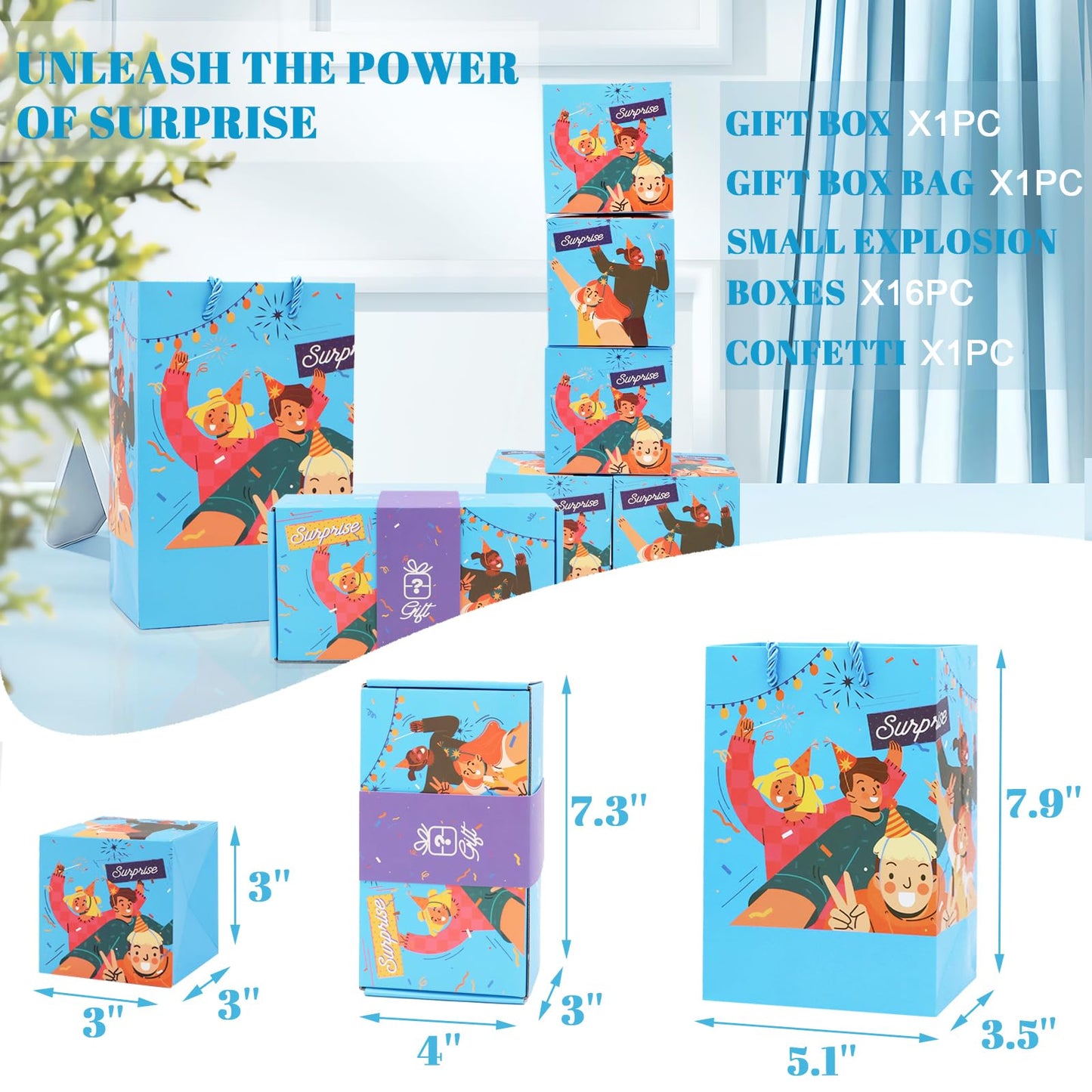 Surprise Gift Box Explosion for Money, Unique Folding Bouncing Red Envelope Gift Box with Confetti, Cash Explosion Luxury for Birthday Anniversary Valentine Proposal (15 Bounces) (Blue)