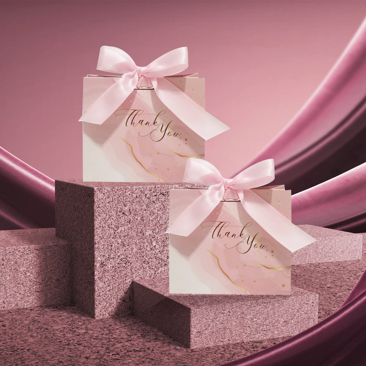 DECHISY 30Pack Small Thank You Gift Bags,Marble Pattern Party Favor Pink Bags with Pink Bow Ribbon,4.5x1.8x3.9Inches,Paper Bags for Birthday Wedding Bridesmaid Holiday Valentines Day (Pink)